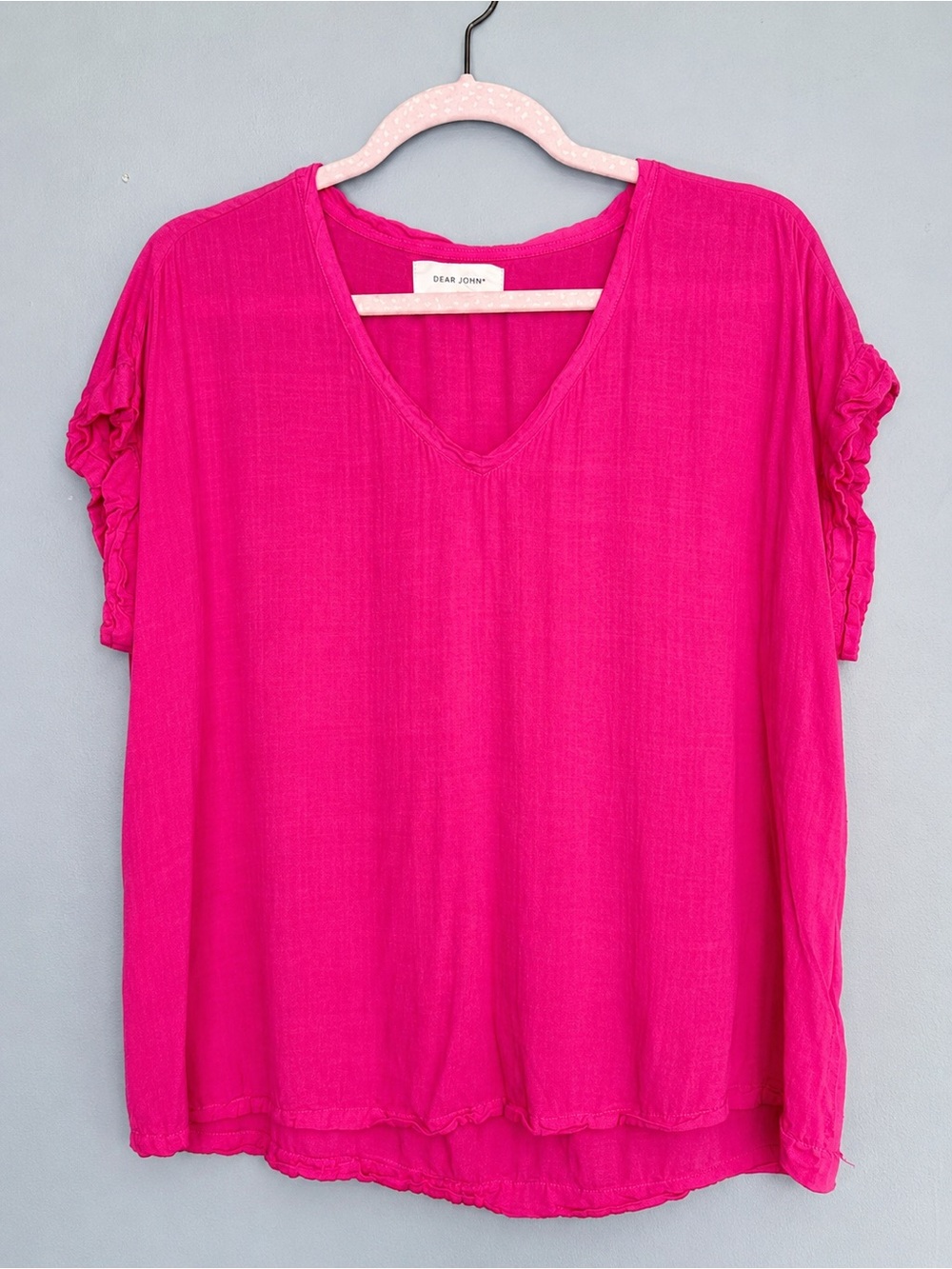 Dear John Hot Pink Ruffle Sleeve V-Neck Blouse Top Size Medium